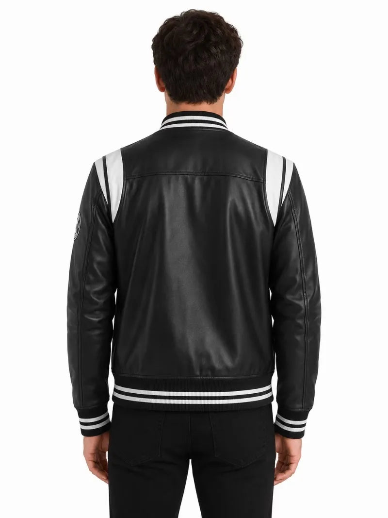 Men's black sheepskin leather jacket, side view