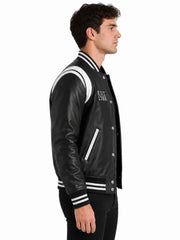 Men's black sheepskin leather jacket, back view