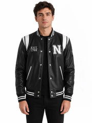 Men's black sheepskin leather jacket, front view
