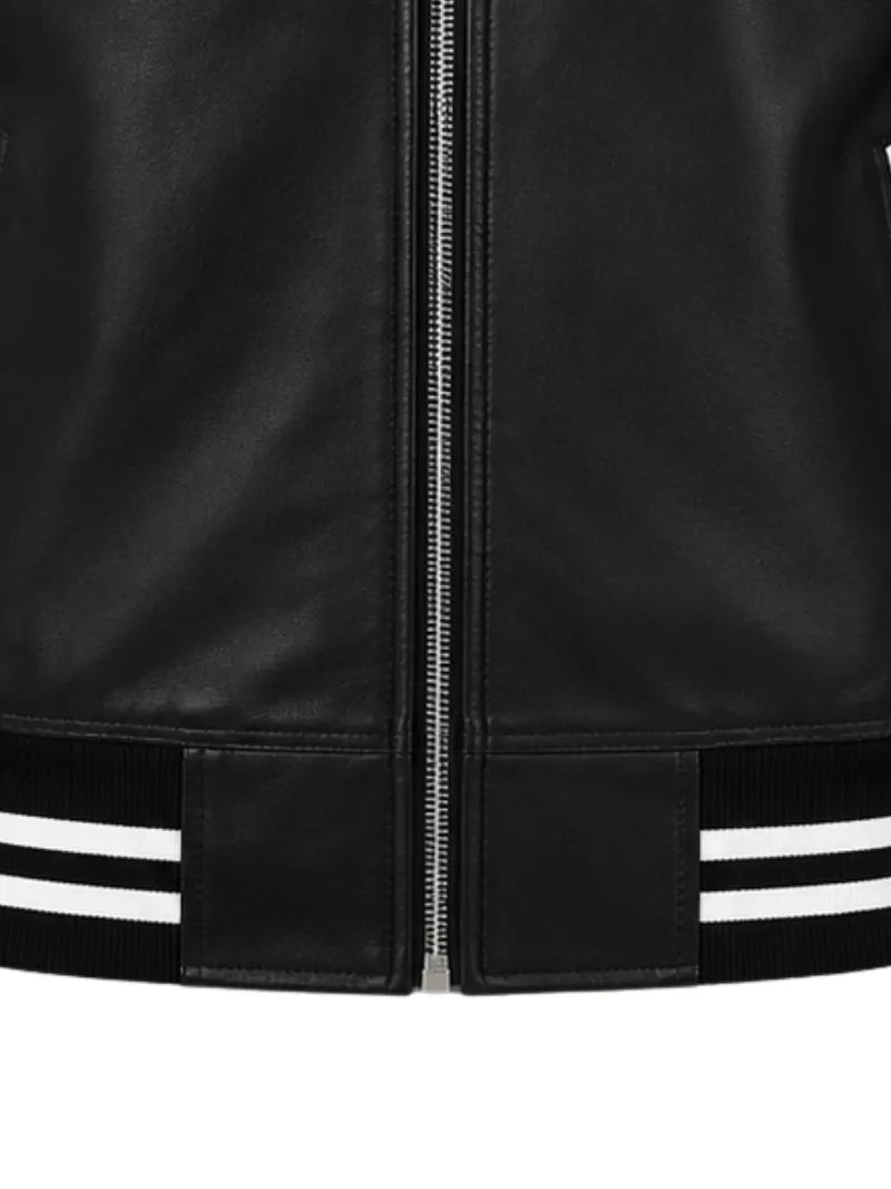 Men's black sheepskin leather jacket, pocket detail