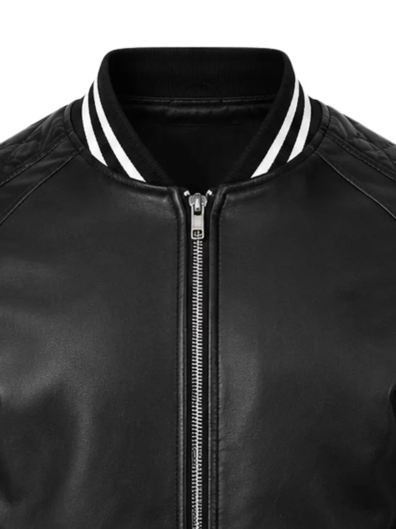 Men's black sheepskin leather jacket, zip and closure detail