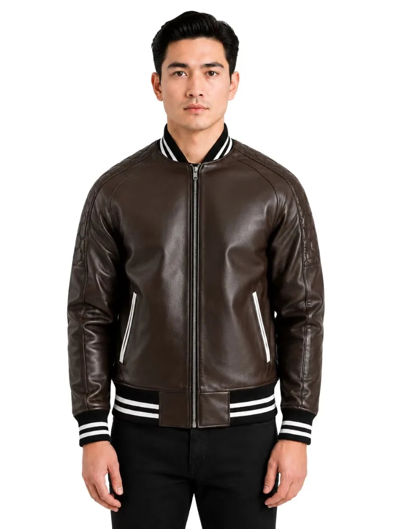 Men's black sheepskin leather jacket, side view