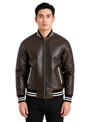 Men's black sheepskin leather jacket, side view
