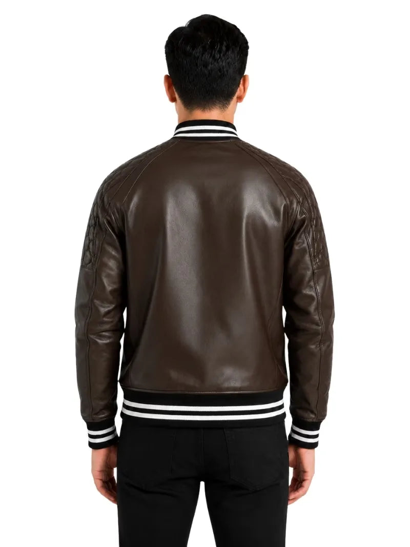 Men's black sheepskin leather jacket, collar detail