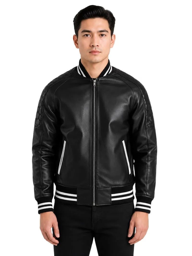Men's black sheepskin leather jacket, front view