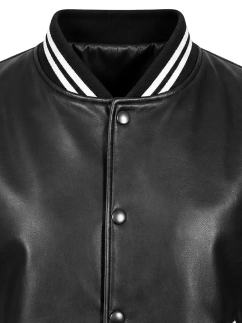 Men's black sheepskin leather jacket, zip and closure detail