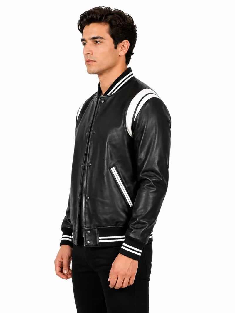 Men's black sheepskin leather jacket, collar detail