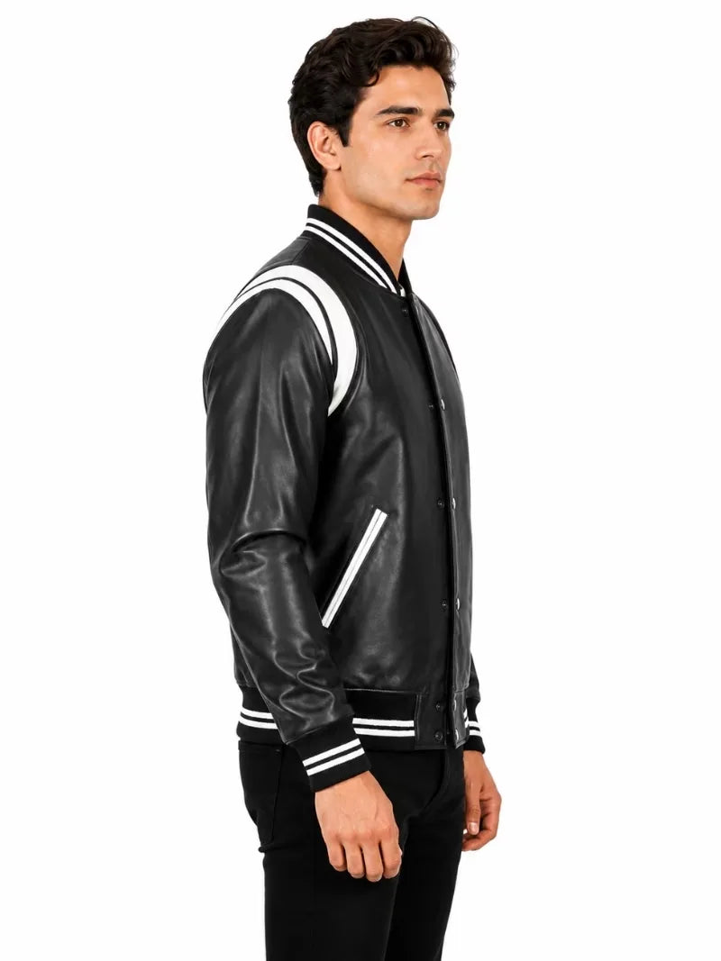Men's black sheepskin leather jacket, side view