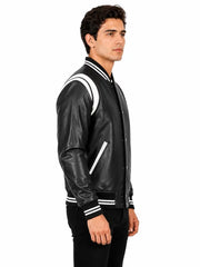 Men's black sheepskin leather jacket, side view