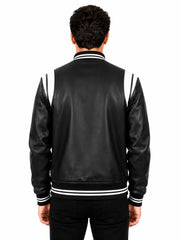 Men's black sheepskin leather jacket, back view