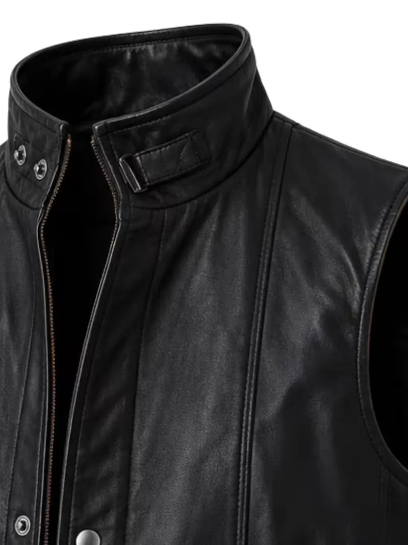 Men's black sheepskin leather vest, cuff detail