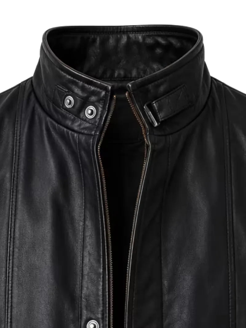 Men's black sheepskin leather vest, zip and closure detail