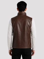Men's black sheepskin leather vest, collar detail