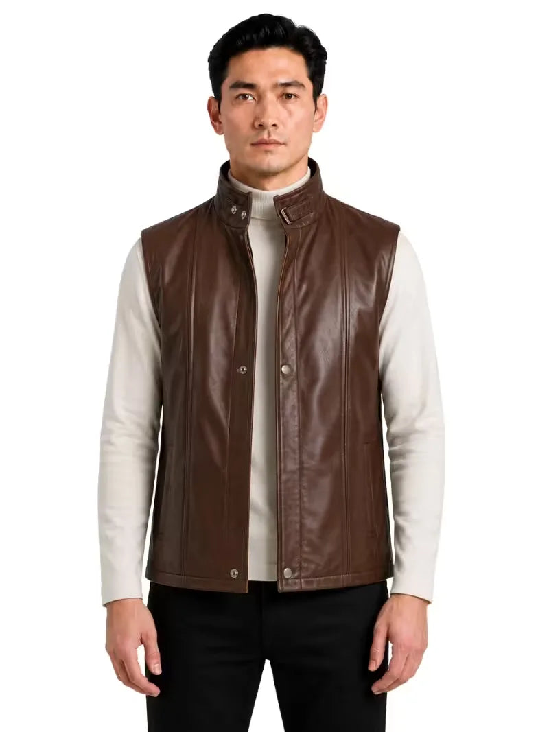 Men's black sheepskin leather vest, side view