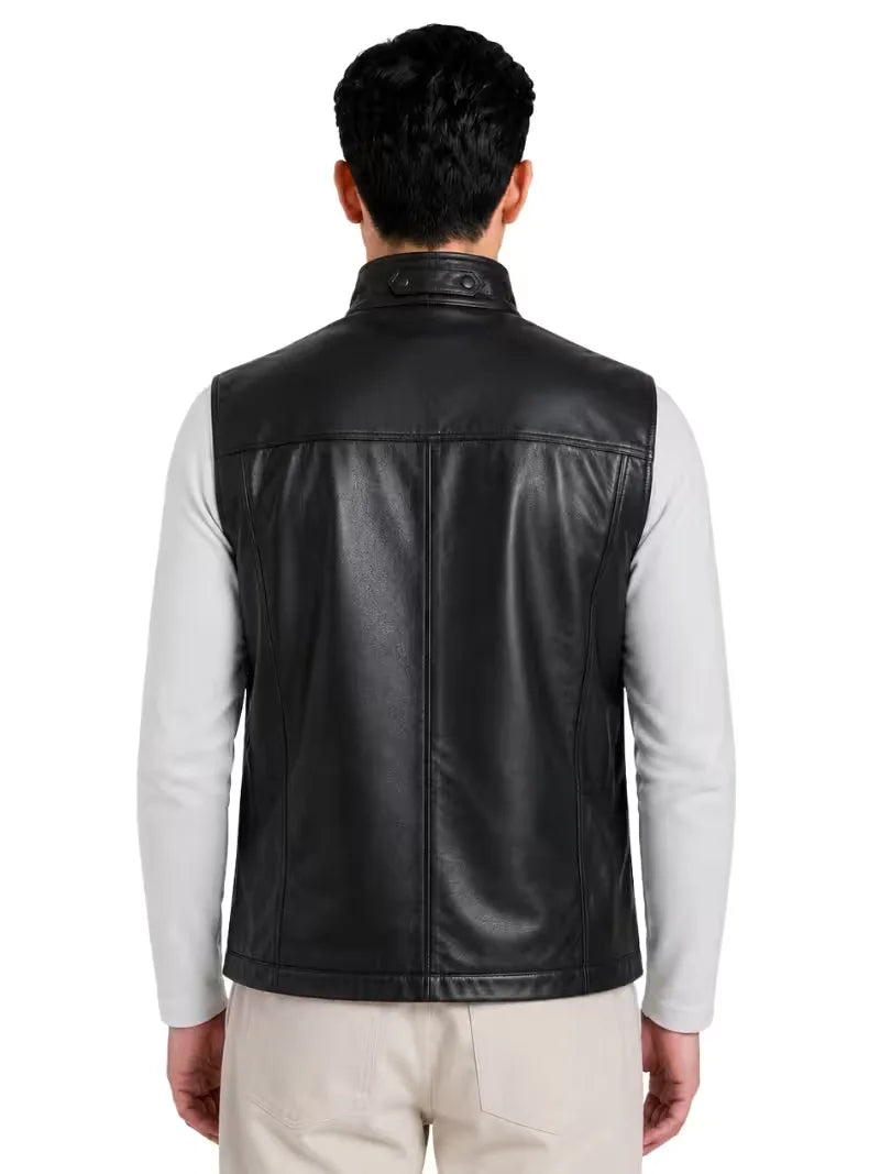 Men's black sheepskin leather vest, back view