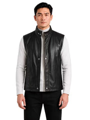 Men's black sheepskin leather vest, front view