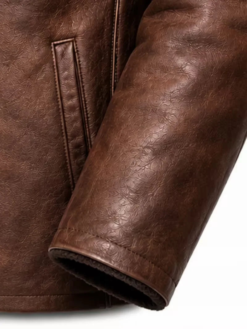 Men's brown shearling leather coat, lining detail