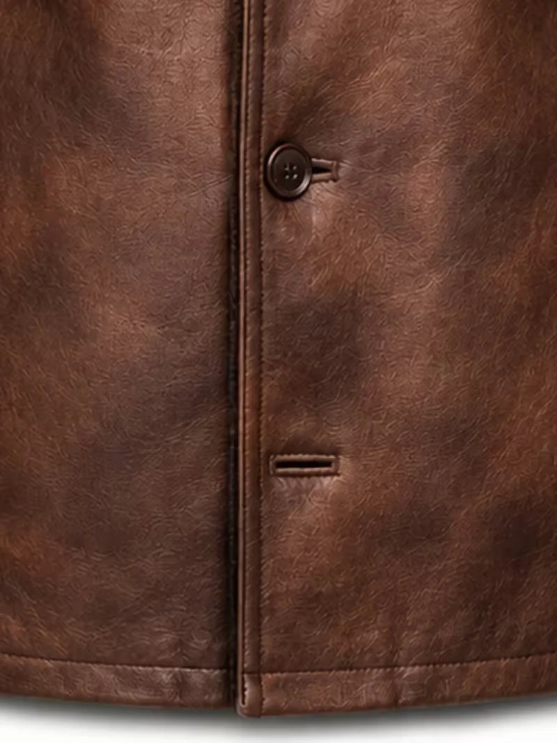 Men's brown shearling leather coat, pocket detail