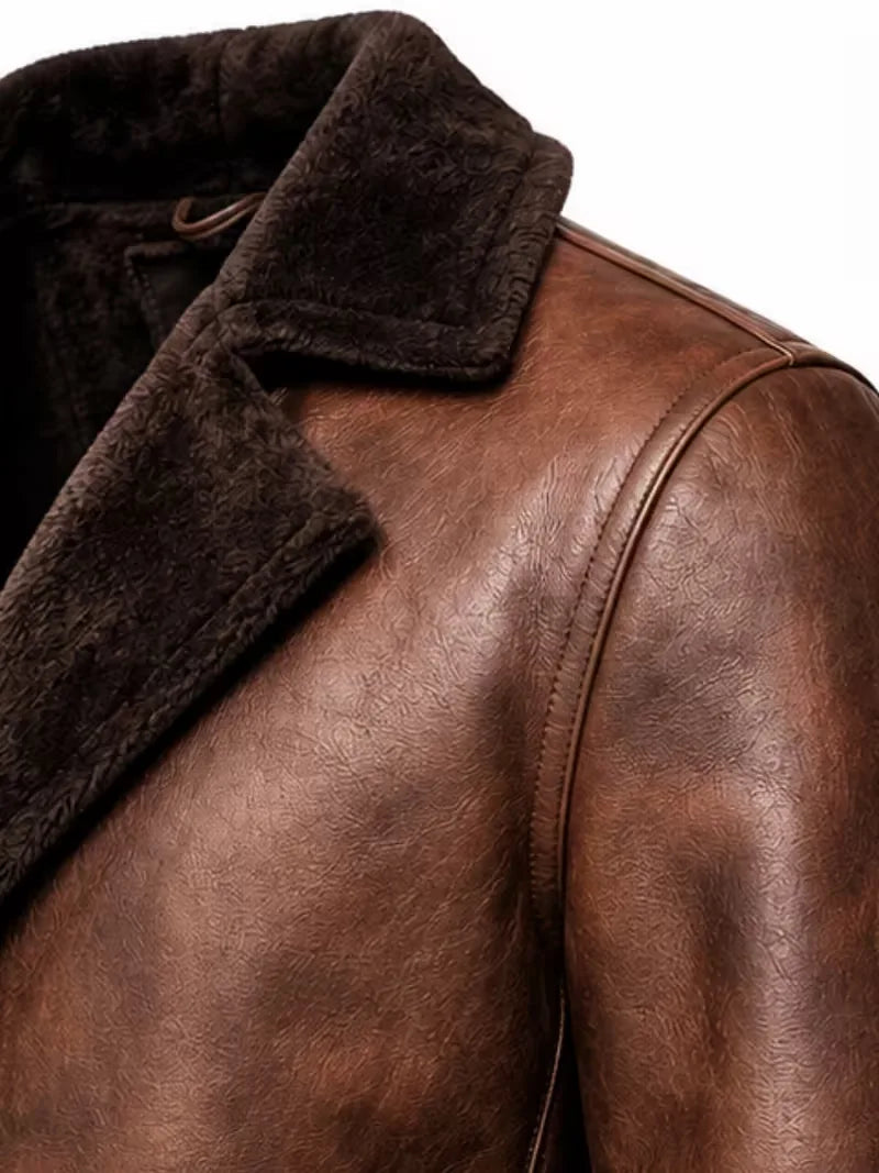 Men's brown shearling leather coat, cuff detail
