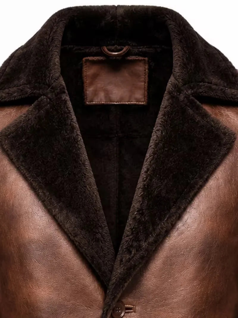 Men's brown shearling leather coat, zip and closure detail