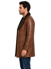 Men's brown shearling leather coat, collar detail