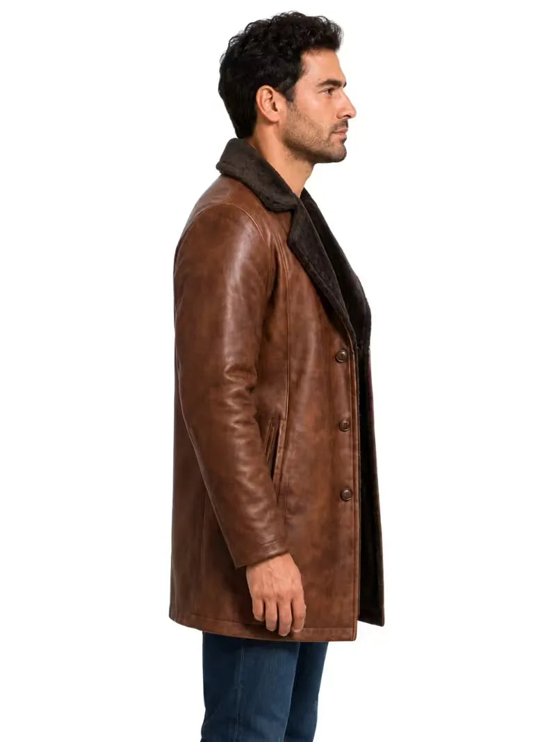 Men's brown shearling leather coat, side view