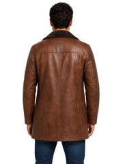 Men's brown shearling leather coat, back view