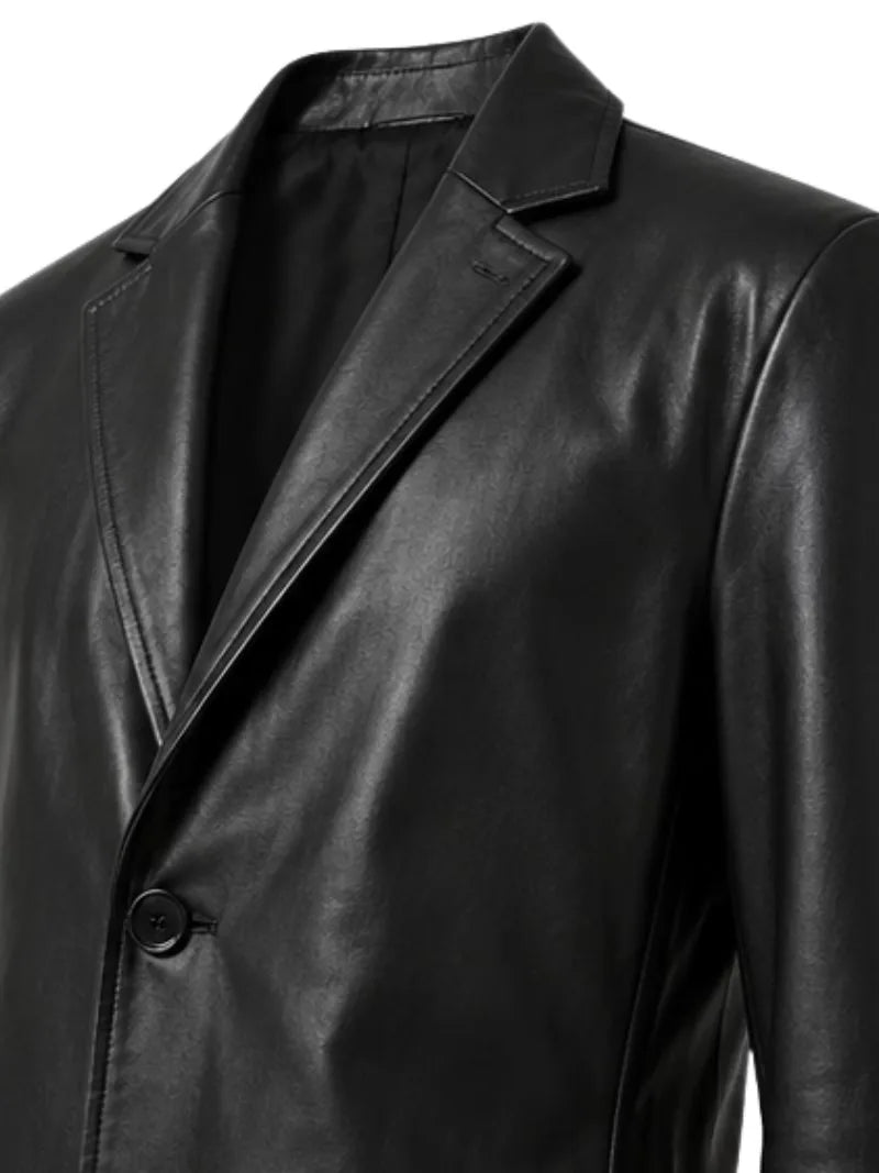 Men's black sheepskin leather coat, cuff detail