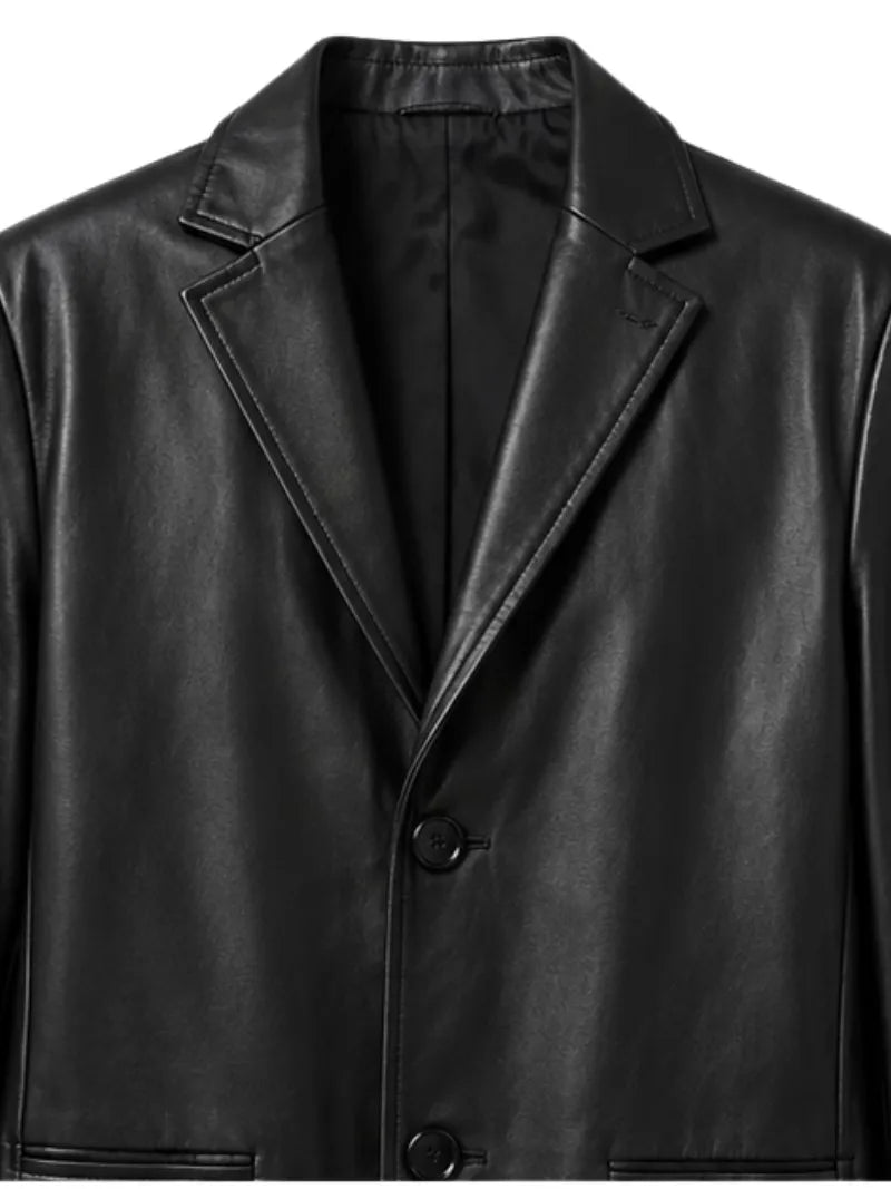 Men's black sheepskin leather coat, zip and closure detail