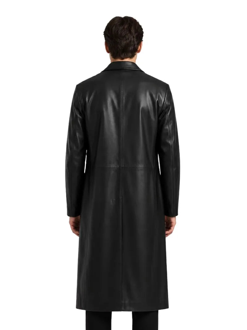 Men's black sheepskin leather coat, back view