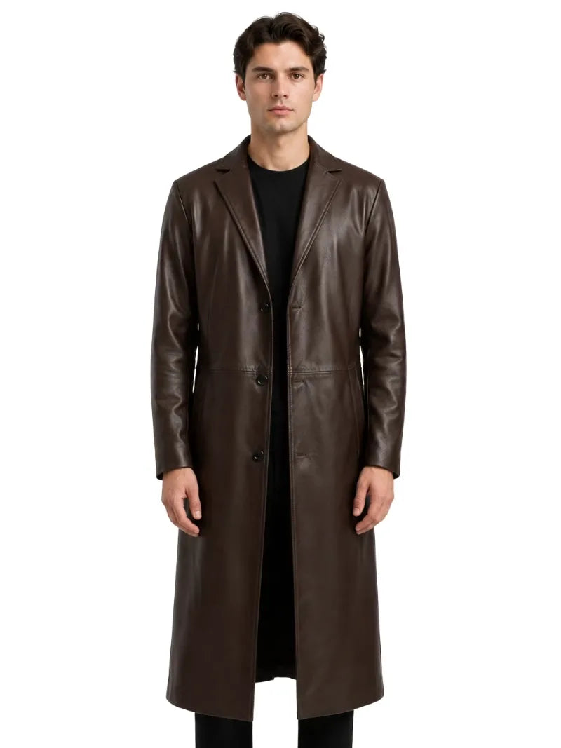Men's black sheepskin leather coat, side view
