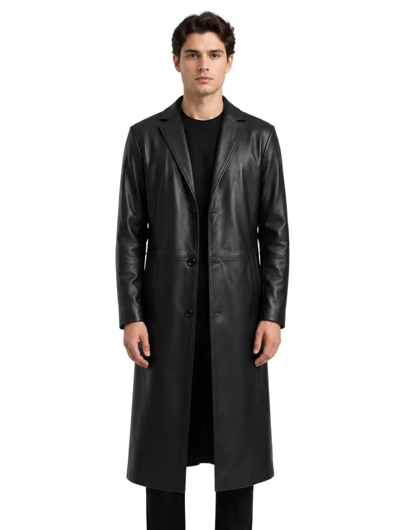 Men's black sheepskin leather coat, front view