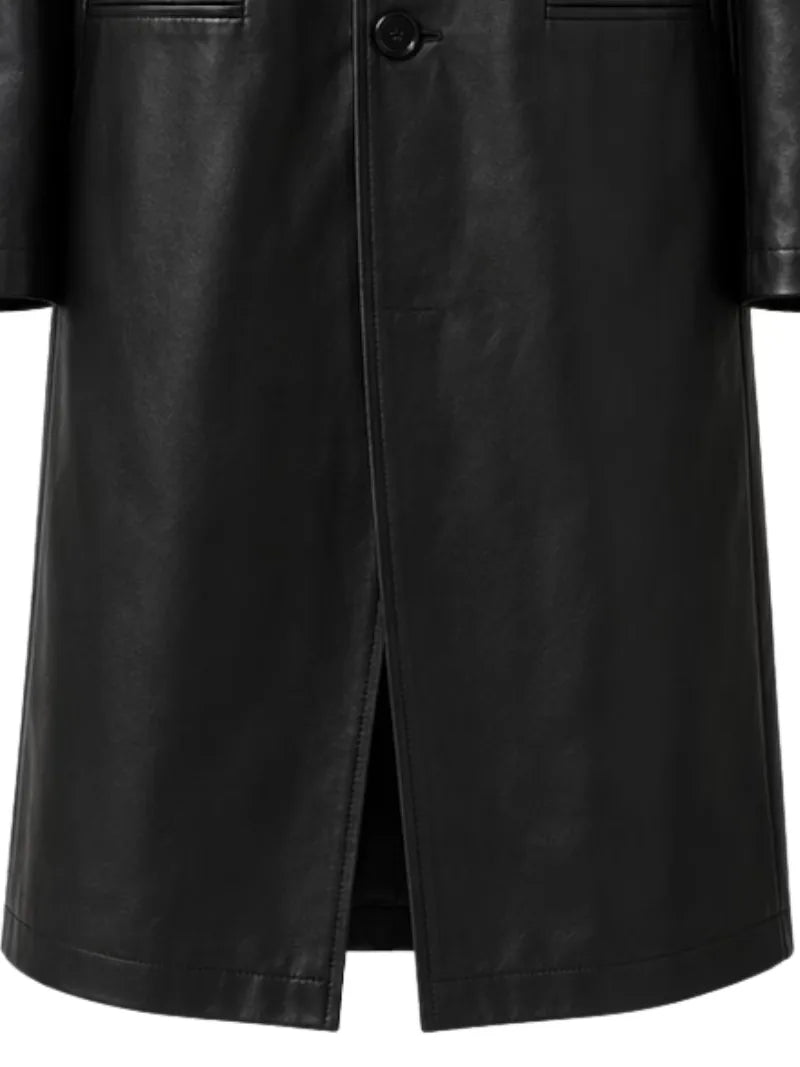 Men's black sheepskin leather coat, pocket detail