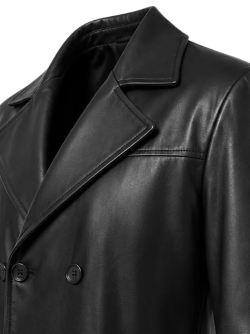 Men's black sheepskin leather coat, cuff detail