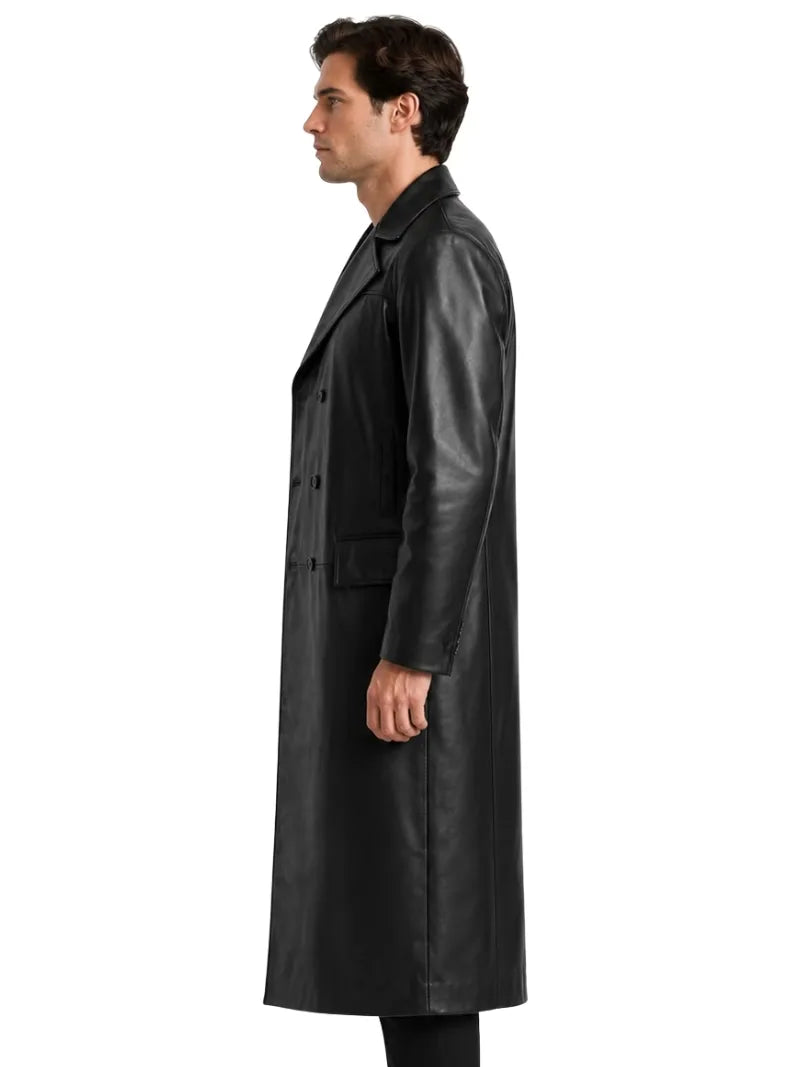 Men's black sheepskin leather coat, collar detail