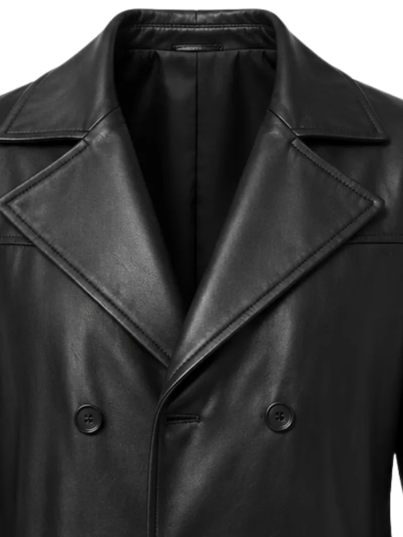 Men's black sheepskin leather coat, zip and closure detail