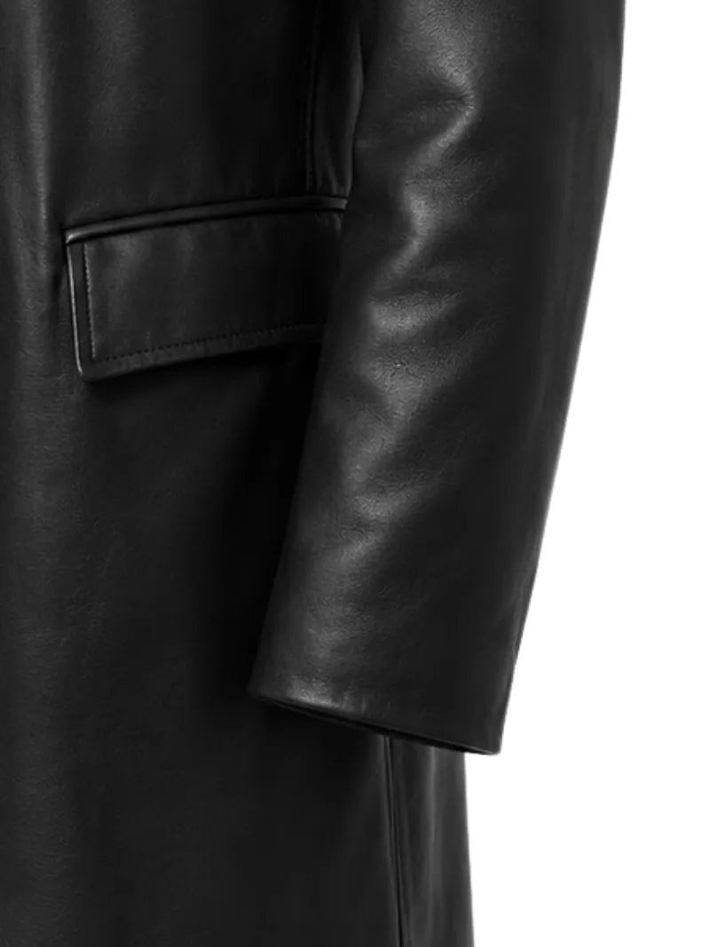 Men's black sheepskin leather coat, lining detail