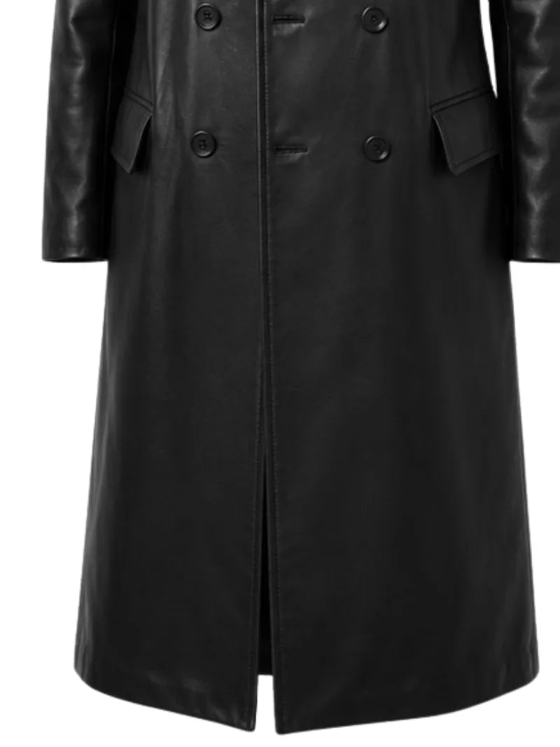 Men's black sheepskin leather coat, pocket detail