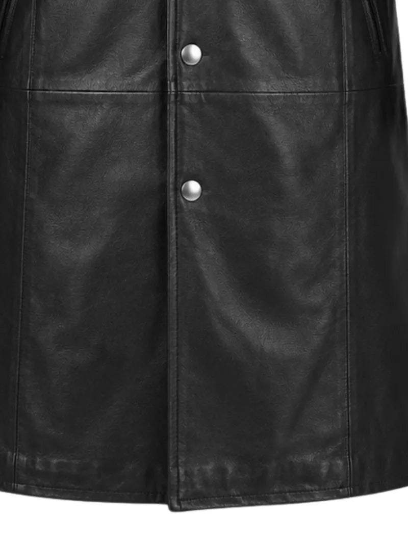 Men's black sheepskin leather coat, pocket detail