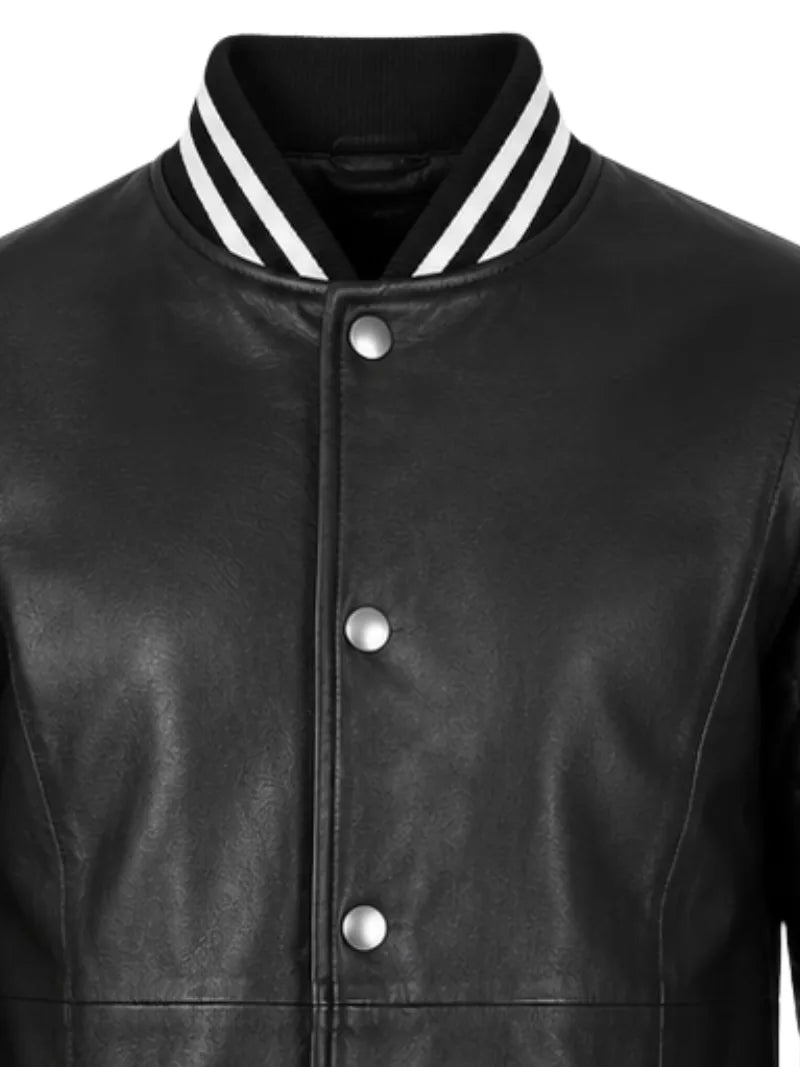 Men's black sheepskin leather coat, zip and closure detail