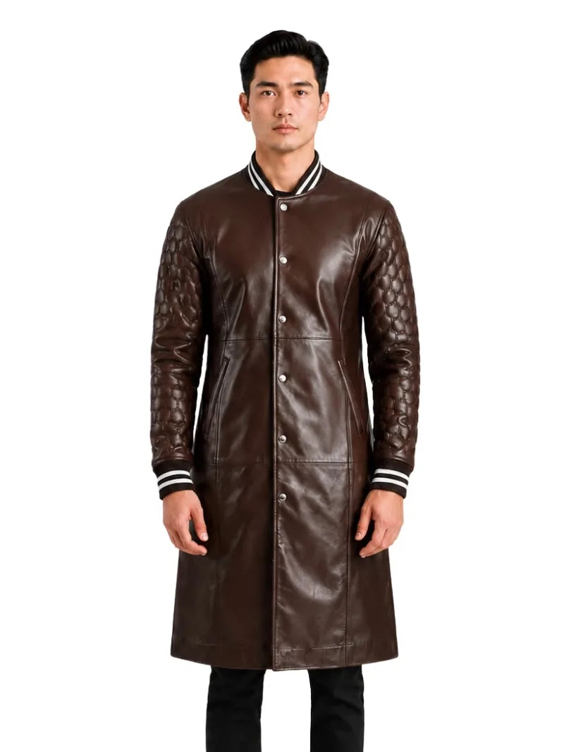Men's black sheepskin leather coat, side view