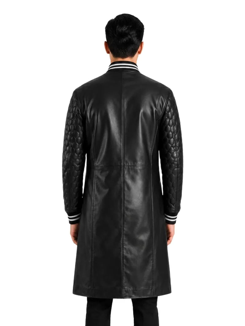 Men's black sheepskin leather coat, back view