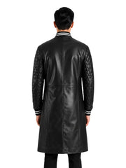 Men's black sheepskin leather coat, back view