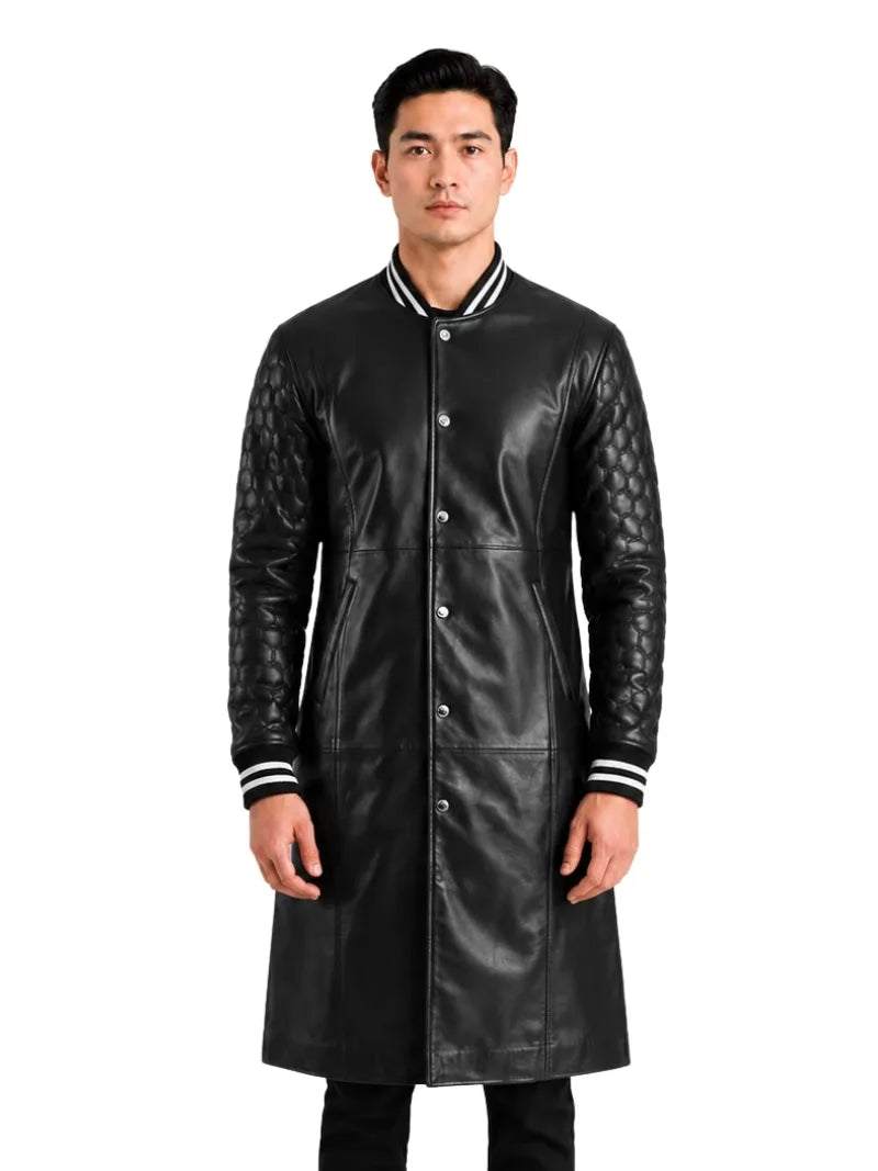 Men's black sheepskin leather coat, front view