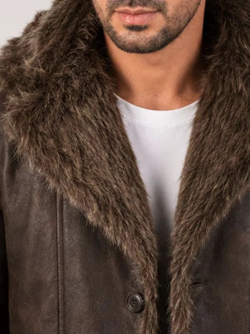 Men's black sheepskin sleeves leather coat, back view