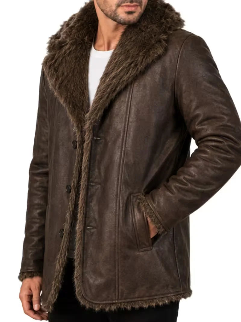 Men's black sheepskin sleeves leather coat, collar detail
