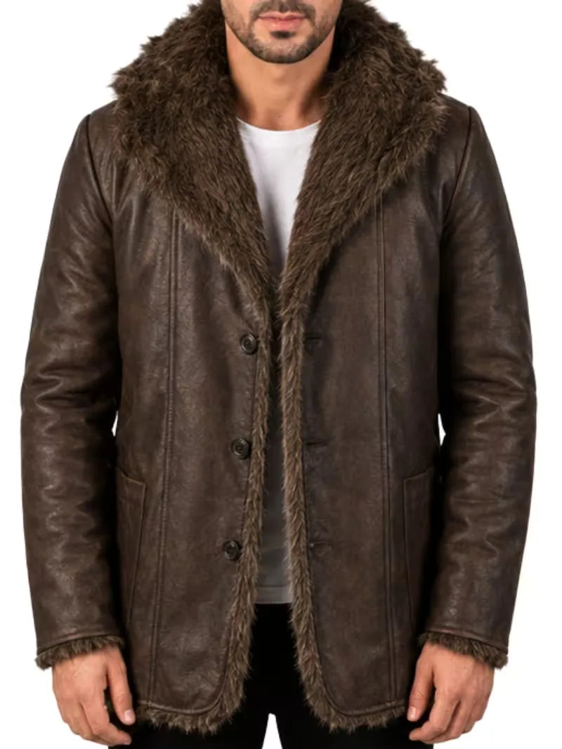 Men's black sheepskin sleeves leather coat, zip and closure detail