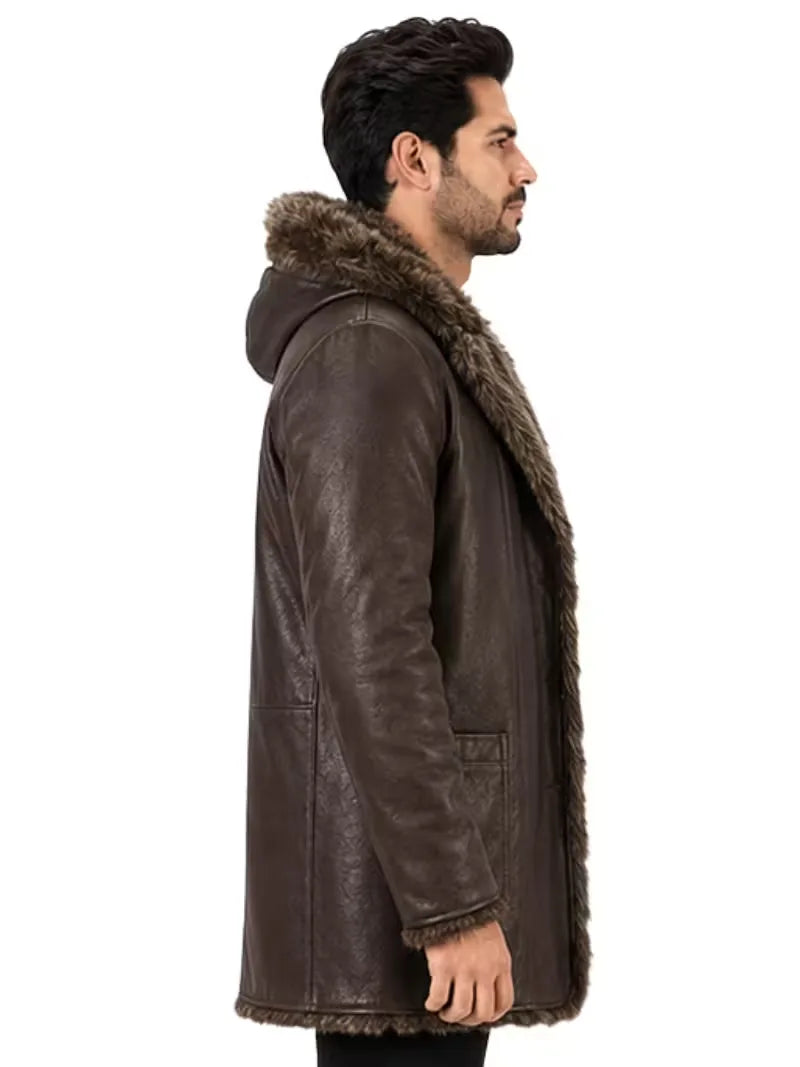 Men's black sheepskin sleeves leather coat, cuff detail