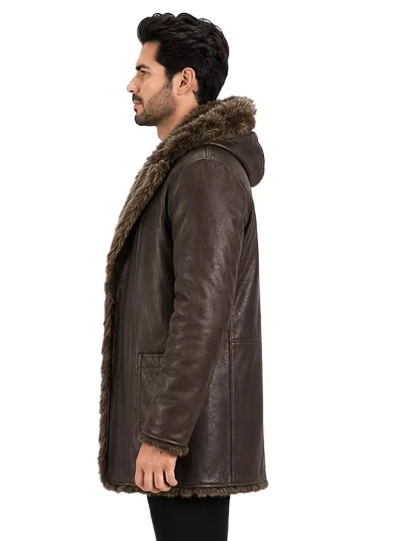 Men's black sheepskin sleeves leather coat, pocket detail
