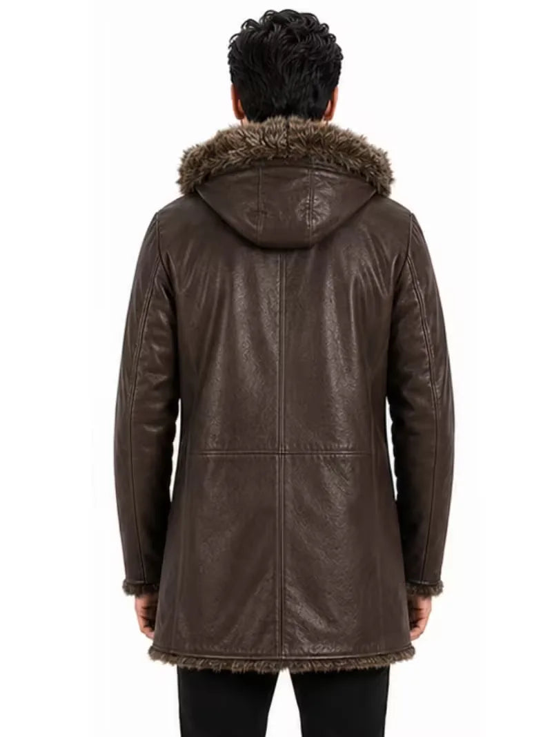 Men's black sheepskin sleeves leather coat, lining detail